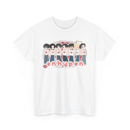Celebrate all seven members of Enhypen with this fun fashion shirt, featuring original art of the group. Whether you're going to an event or chilling with friends, this cozy tee is the ultimate way to STAN out! Perfect for concerts, casual hangouts, or a statement piece for any Kpop fan. Choose your color.