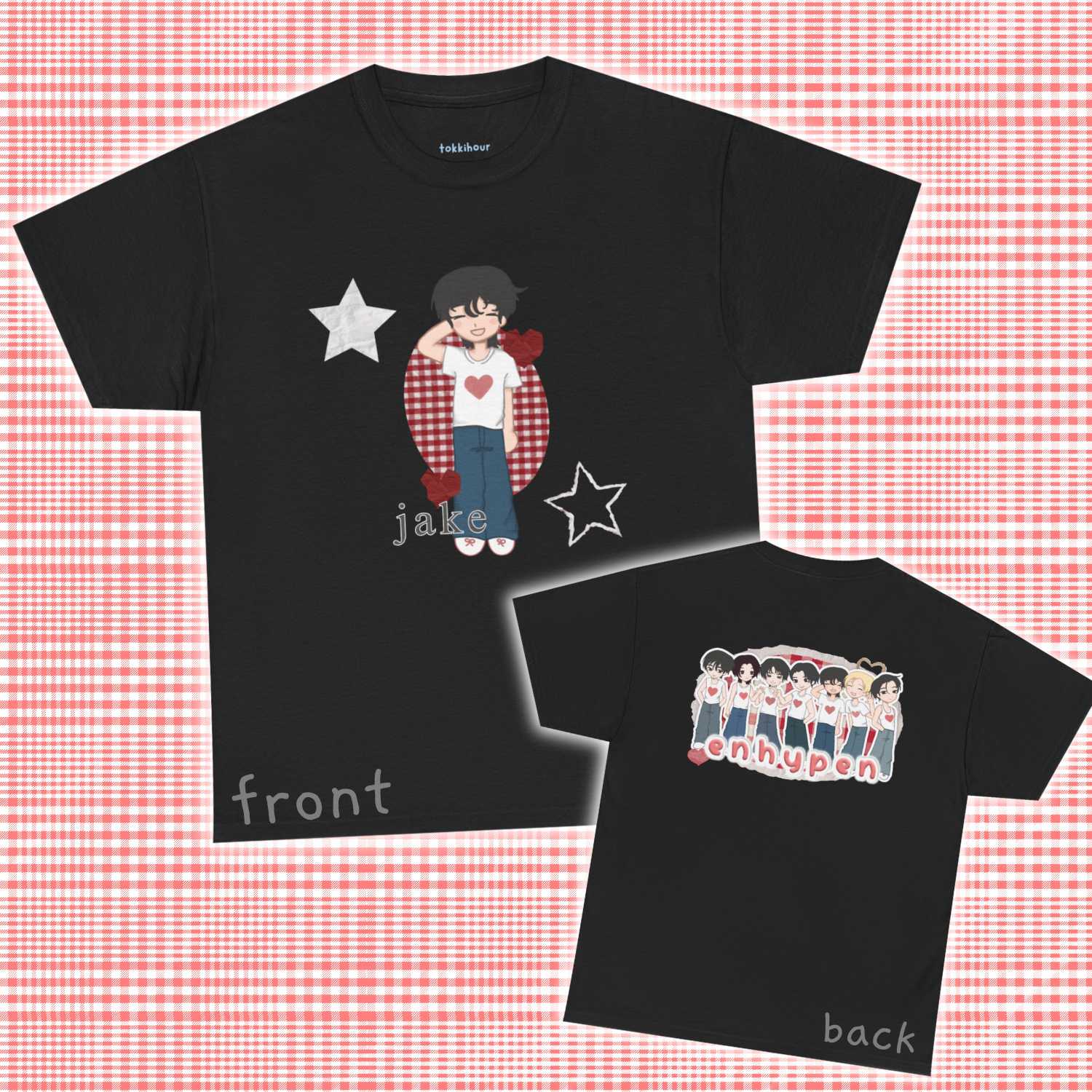 A must have for Engenes who want to rep their bias in style. Featuring original art of Jake on the front and the group on the back. Whether you're going to an event or chilling with friends, this cozy tee is the ultimate way to STAN out! Perfect for concerts, casual hangouts, or a statement piece for any Kpop fan. Choose your color.