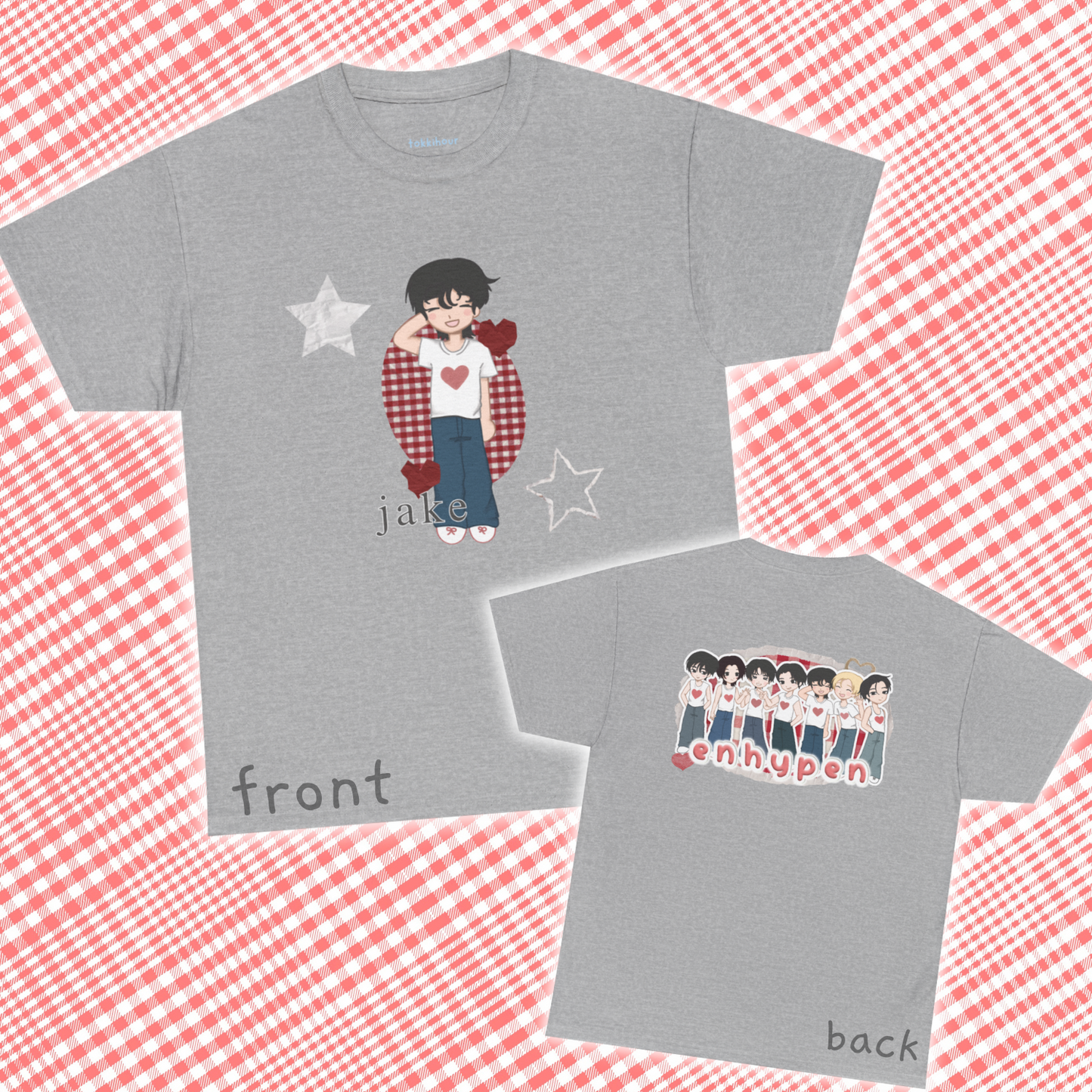 A must have for Engenes who want to rep their bias in style. Featuring original art of Jake on the front and the group on the back. Whether you're going to an event or chilling with friends, this cozy tee is the ultimate way to STAN out! Perfect for concerts, casual hangouts, or a statement piece for any Kpop fan. Choose your color.