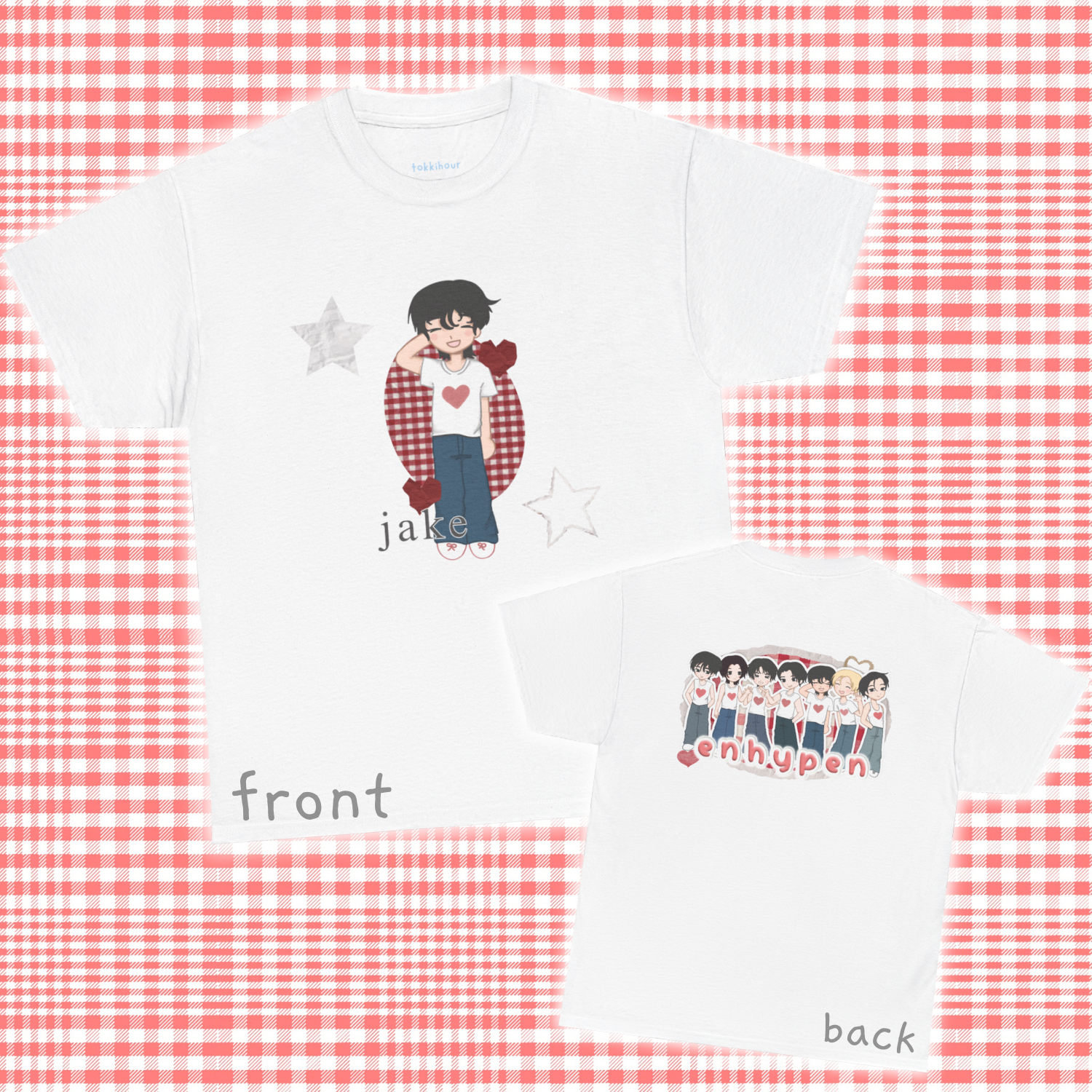 A must have for Engenes who want to rep their bias in style. Featuring original art of Jake on the front and the group on the back. Whether you're going to an event or chilling with friends, this cozy tee is the ultimate way to STAN out! Perfect for concerts, casual hangouts, or a statement piece for any Kpop fan. Choose your color.
