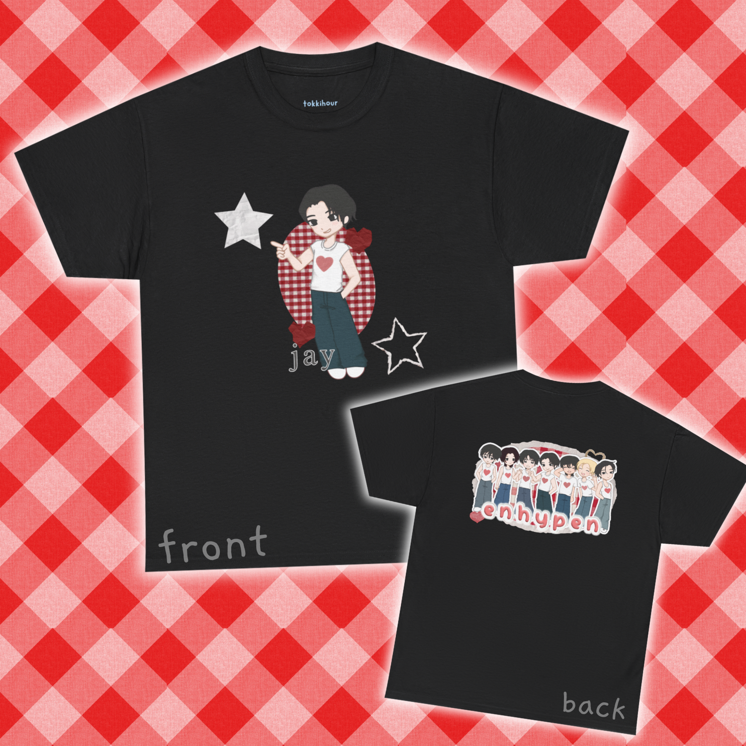 A must have for Engenes who want to rep their bias in style. Featuring original art of Jay on the front and the group on the back. Whether you're going to an event or chilling with friends, this cozy tee is the ultimate way to STAN out! Perfect for concerts, casual hangouts, or a statement piece for any Kpop fan. Choose your color.