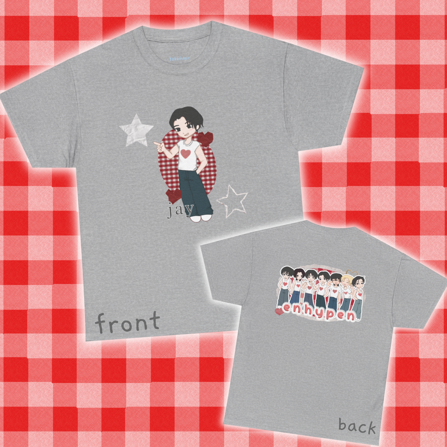 A must have for Engenes who want to rep their bias in style. Featuring original art of Jay on the front and the group on the back. Whether you're going to an event or chilling with friends, this cozy tee is the ultimate way to STAN out! Perfect for concerts, casual hangouts, or a statement piece for any Kpop fan. Choose your color.