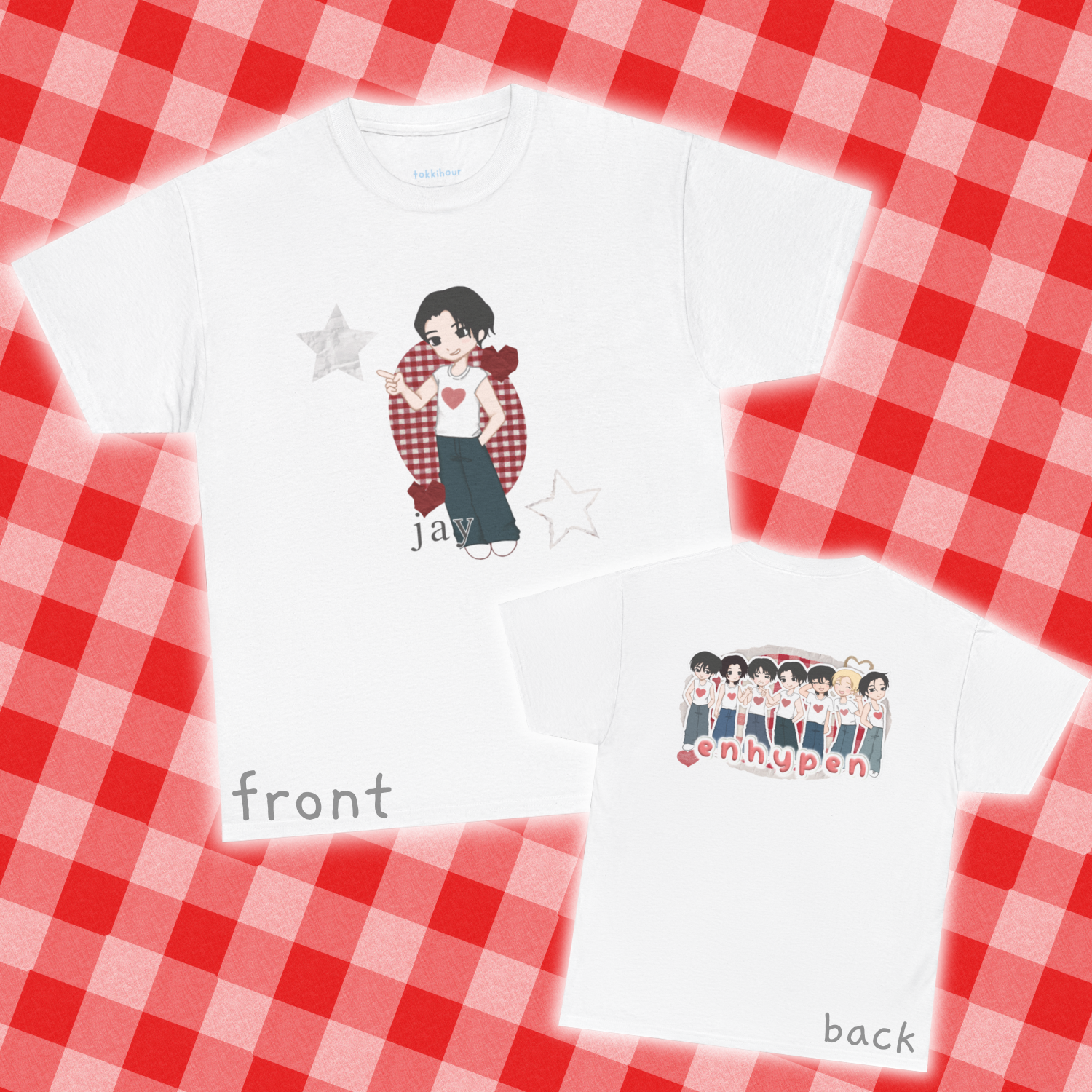 A must have for Engenes who want to rep their bias in style. Featuring original art of Jay on the front and the group on the back. Whether you're going to an event or chilling with friends, this cozy tee is the ultimate way to STAN out! Perfect for concerts, casual hangouts, or a statement piece for any Kpop fan. Choose your color.