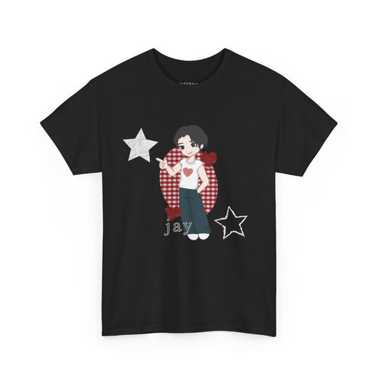 A must have for Engenes who want to rep their bias in style. Featuring original art of Jay on the front and the group on the back. Whether you're going to an event or chilling with friends, this cozy tee is the ultimate way to STAN out! Perfect for concerts, casual hangouts, or a statement piece for any Kpop fan. Choose your color.