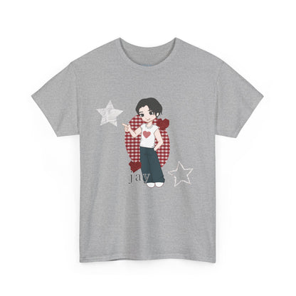 A must have for Engenes who want to rep their bias in style. Featuring original art of Jay on the front and the group on the back. Whether you're going to an event or chilling with friends, this cozy tee is the ultimate way to STAN out! Perfect for concerts, casual hangouts, or a statement piece for any Kpop fan. Choose your color.