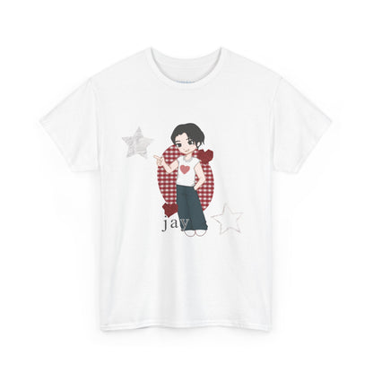 A must have for Engenes who want to rep their bias in style. Featuring original art of Jay on the front and the group on the back. Whether you're going to an event or chilling with friends, this cozy tee is the ultimate way to STAN out! Perfect for concerts, casual hangouts, or a statement piece for any Kpop fan. Choose your color.