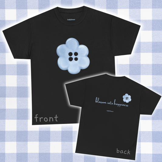 Blue Flower tee, featuring minimalist original art on the front and a motivational expression on the back. Whether you're looking to spruce up your spring Tshirt collection or gift it to a friend or loved one, this cute and comfy top embodies good vibes. Versatile fashion ideal for cozy loungewear, boho style, streetwear lovers, layering with a cardigan, and other seasonal fashion trends. Choose your color.